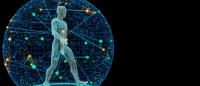 Illustration of a walking human figure surrounded by a sphere and blue dots